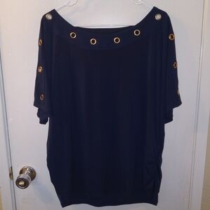 Blue Oversized Boxy Blouse with Gold Grommet Details